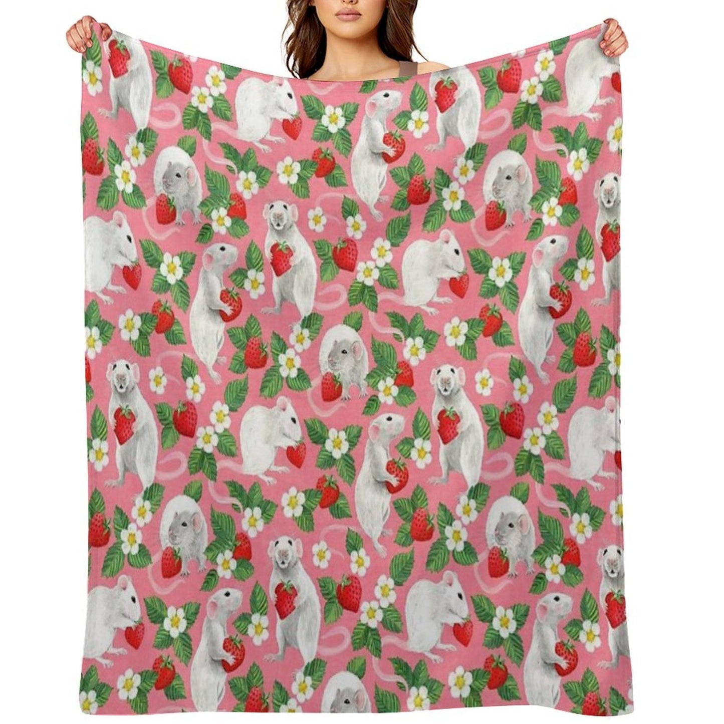 Rats Love Strawberries on Bright Pink Comfort Throw Blanket