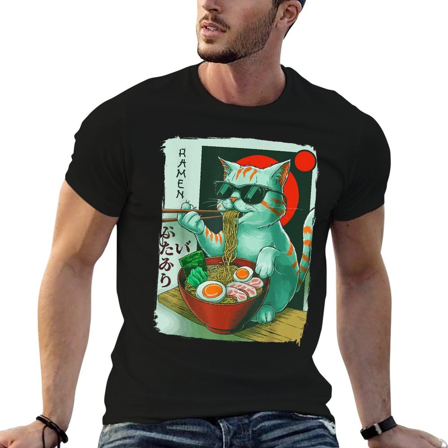 Funny Cat Eating Ramen Graphic Japanese Kawaii Otaku Anime Rolled Sleeves T-Shirt