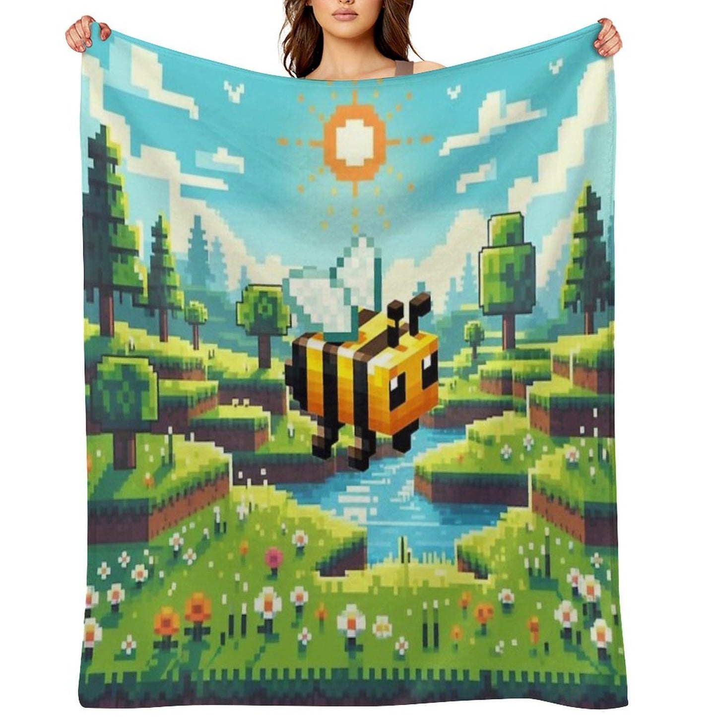 Pixelated Bee Design Anti-pilling Throw Blanket