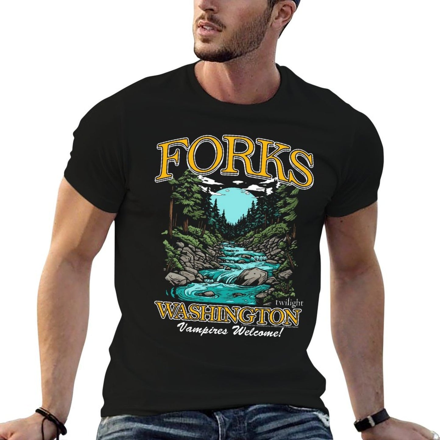 Twilight Forks Washington Vampires Welcome Sweatshirt Ribbed Collar T-Shirt