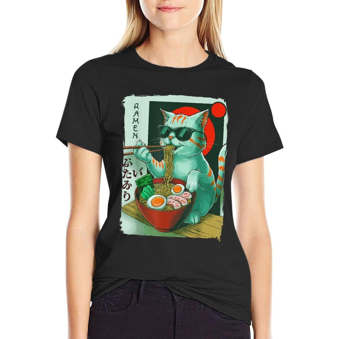 Funny Cat Eating Ramen Graphic Japanese Kawaii Otaku Anime Rolled Sleeves T-Shirt