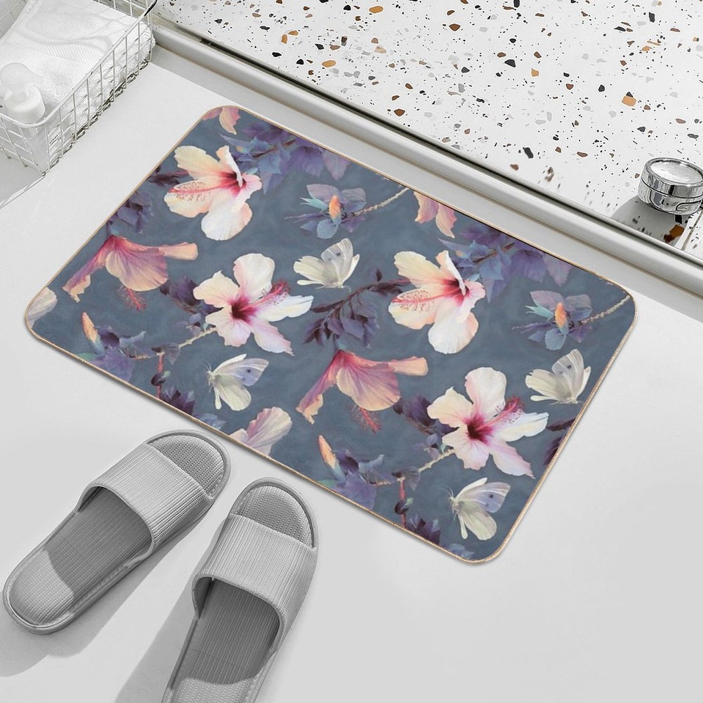 Butterflies And Hibiscus Flowers - A Painted Pattern Toxin-Free Bath Mat