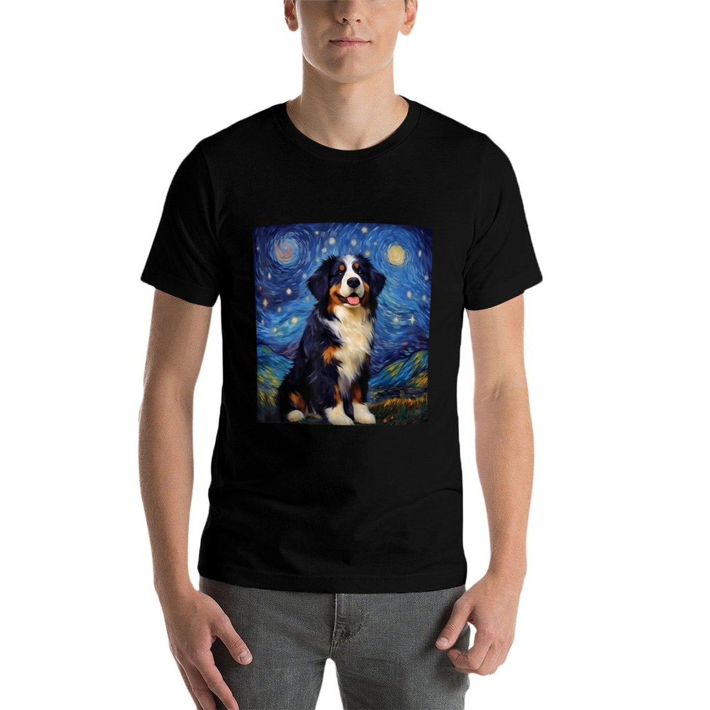 Surreal Starry Night Bernese Mountain Dog  Rolled Sleeves T-Shirt