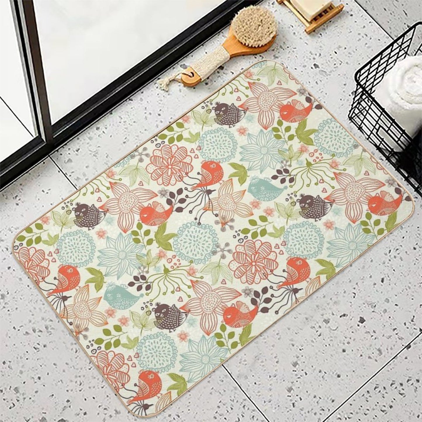 Doodle Birds in Flowers Durable Bath Mat