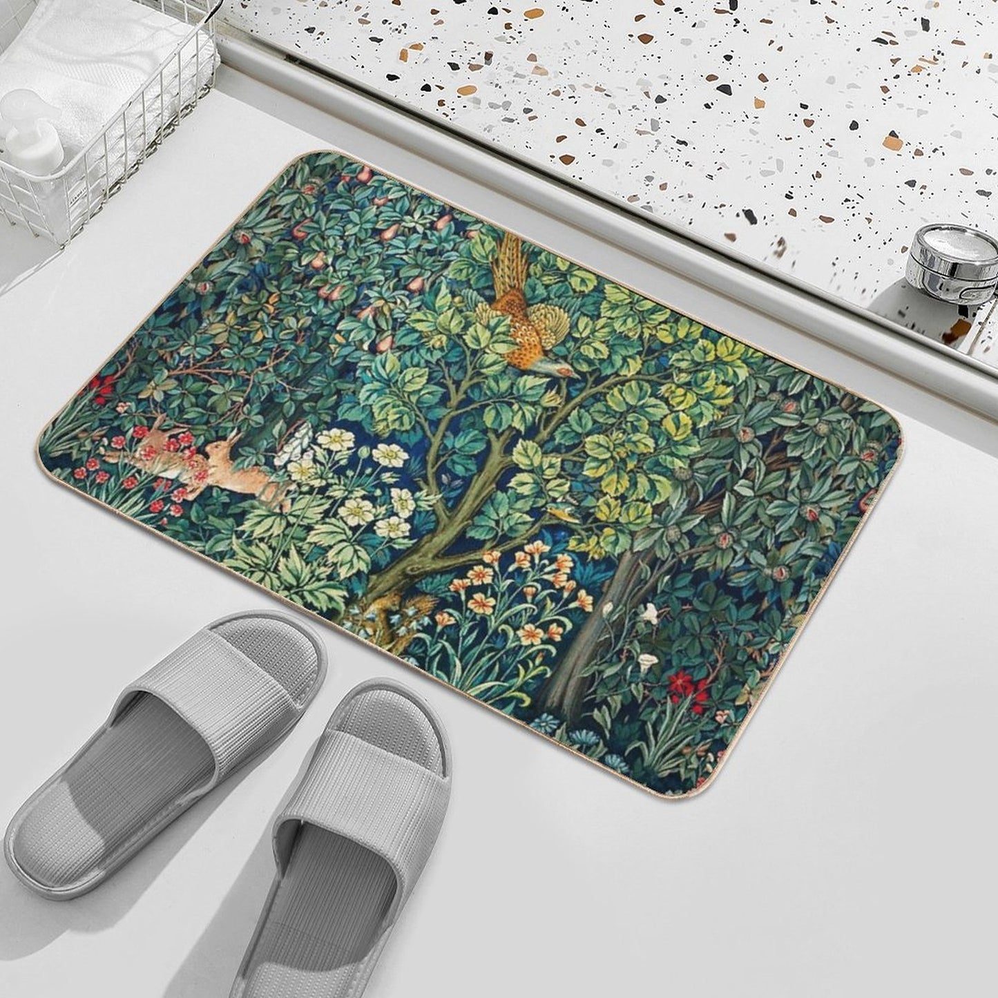 GREENERY,FOREST ANIMALS Pheasant on Tree,Squirrel,Hares,Blue Green Floral Tapestry Easy To Clean Bath Mat
