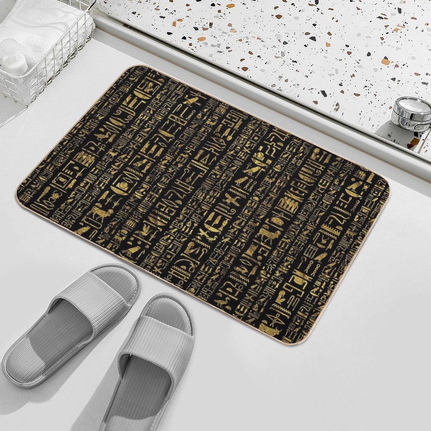Egyptian Hieroglyphs Vintage Gld on Black Stain-Proof Bath Mat