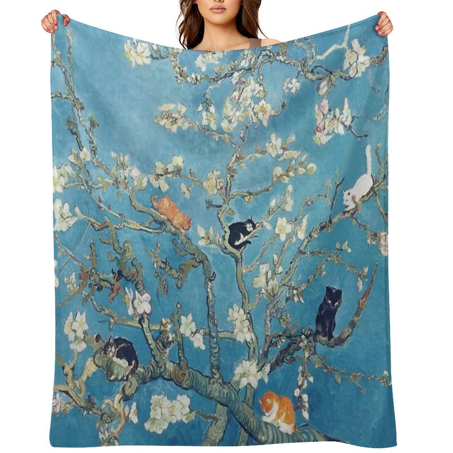 Funny Cat in Almond Blossom by Van Gogh Velvety-soft Throw Blanket