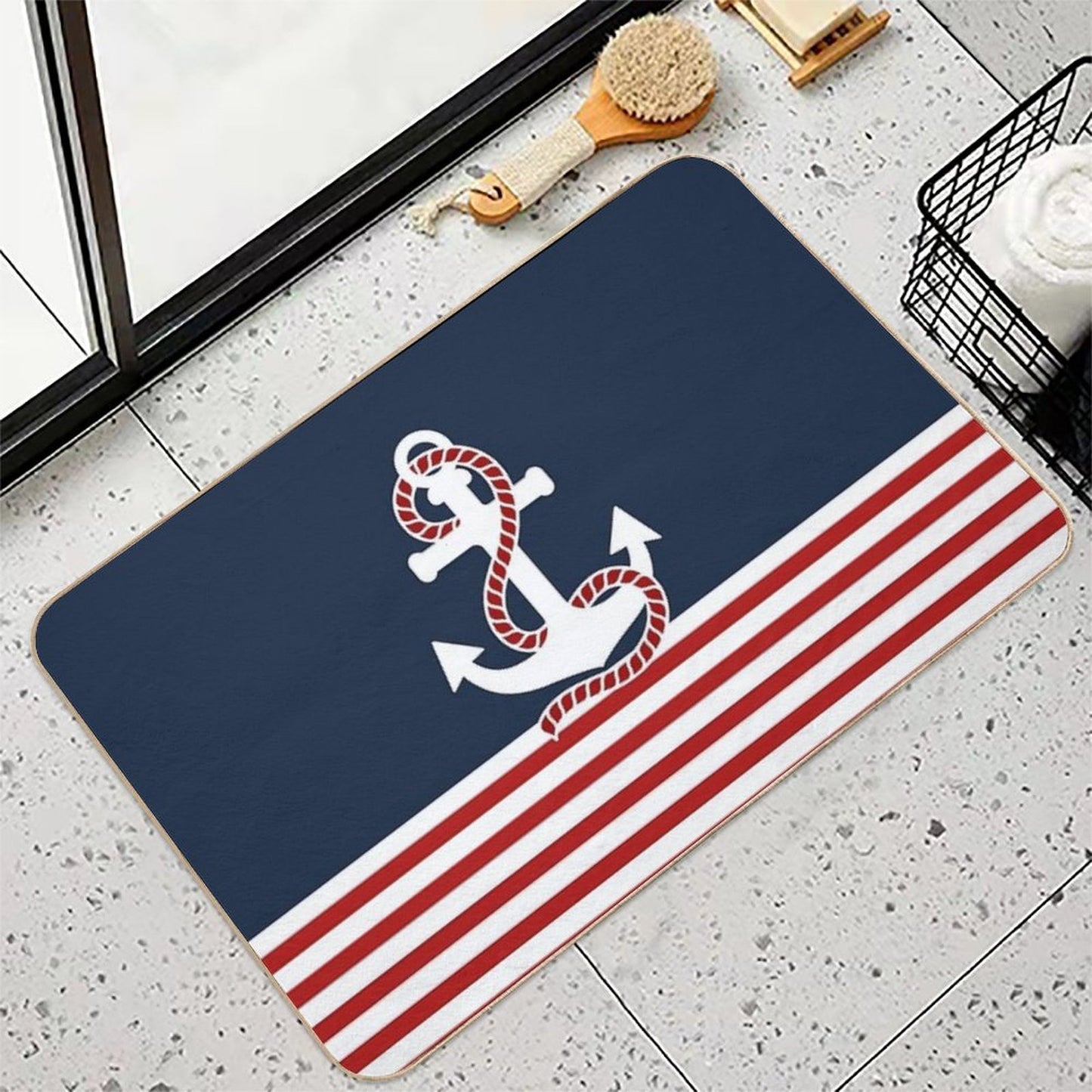 Nautical Red White Stripes And Red Anchor on Blue Background Odorless Bath Mat