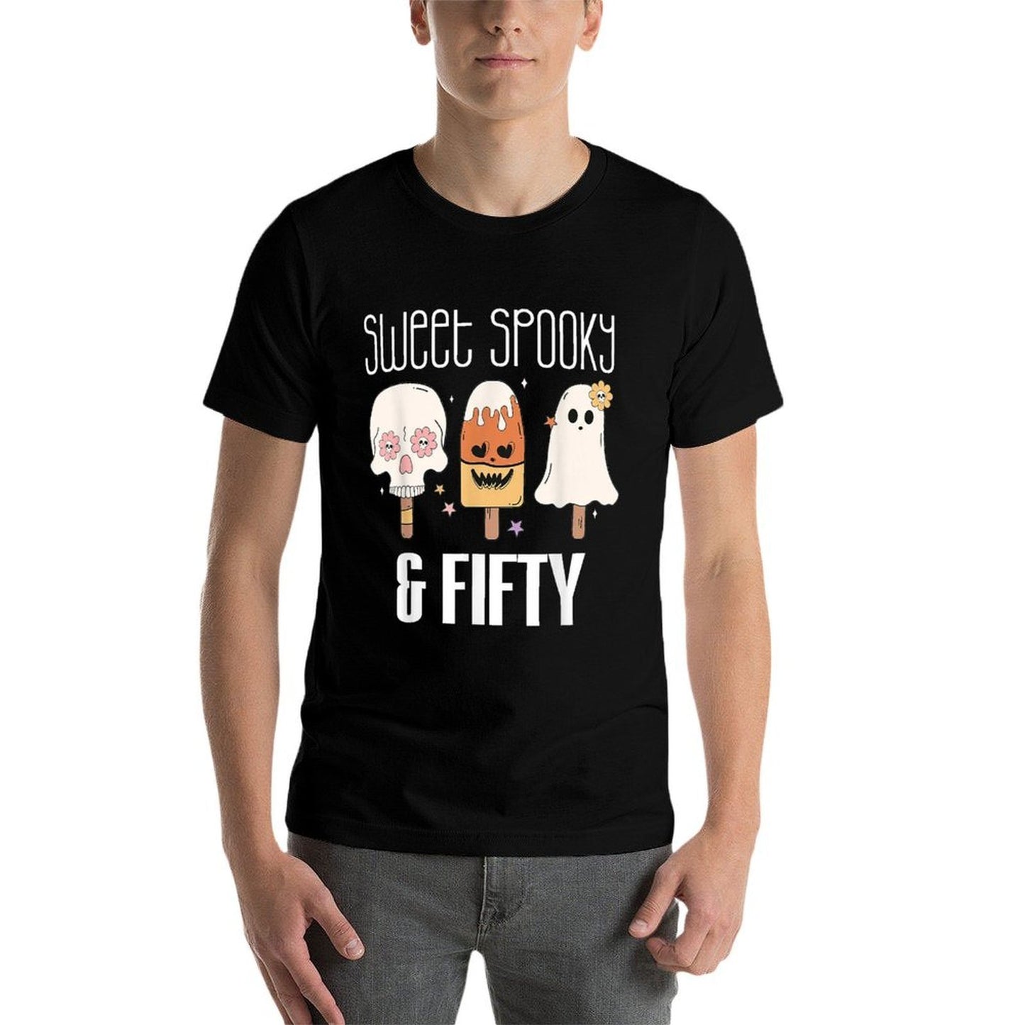 50th Birthday Sweet Spooky Forty Skull Ghost Ice Cream Ribbed Collar T-Shirt