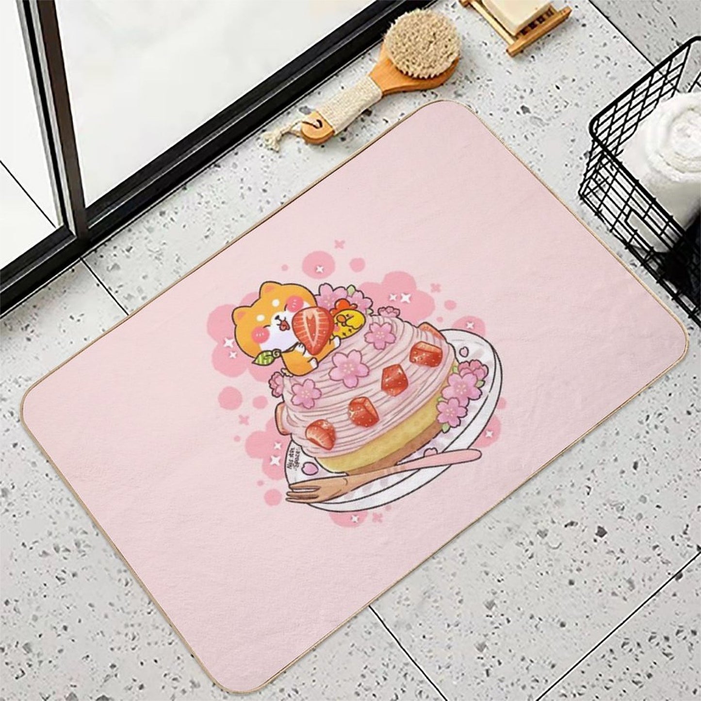 Cute Shiba Inu Sakura Mont Blanc Cake Fade-Resistant Bath Mat