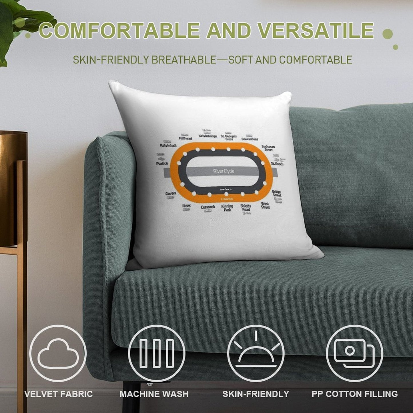 Glasgow Scotland Tube Metro Subway Train Map Soft Hidden Zipper Throw Pillow