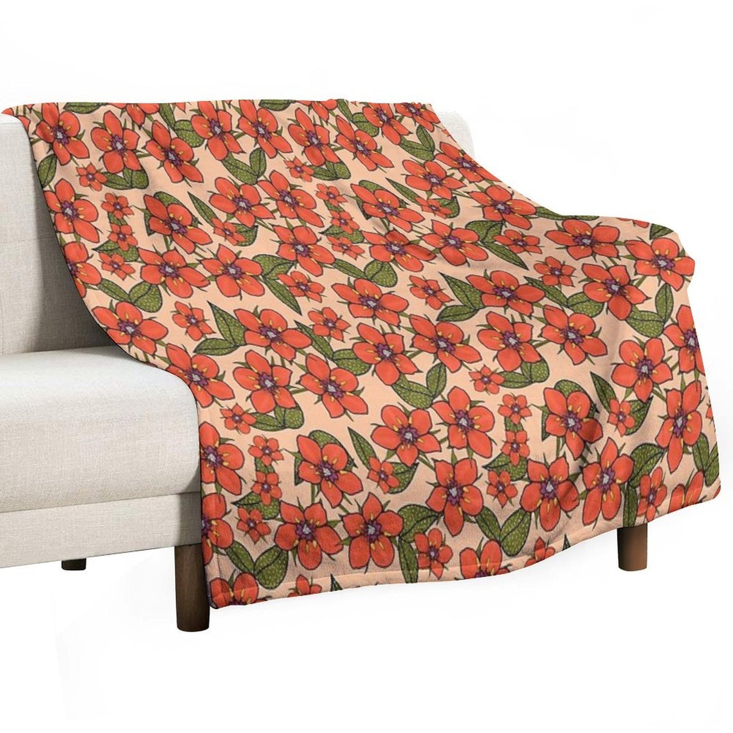 Scarlet Pimpernel Floral Design, Red And Purple Flowers with Green Leaves on A Peach Fuzz Background Easy Care Throw Blanket