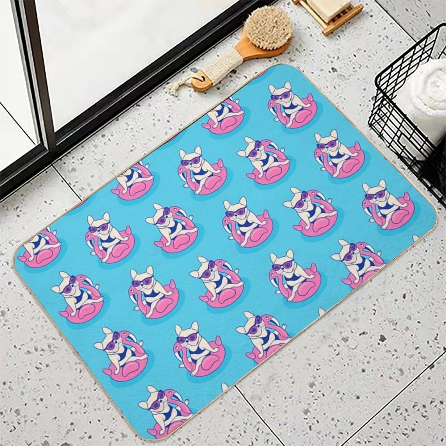 Frenchie Enjoys Summer on Flamingo Pool Float in Swimming Pool Dirt-Trapping Bath Mat
