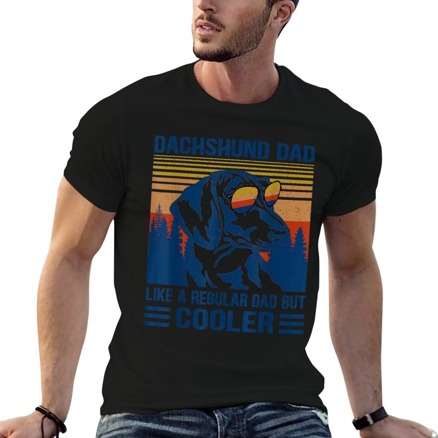Vintage Dachshund Dad Like A Regular Dad But Cooler Funny Ribbed Collar T-Shirt