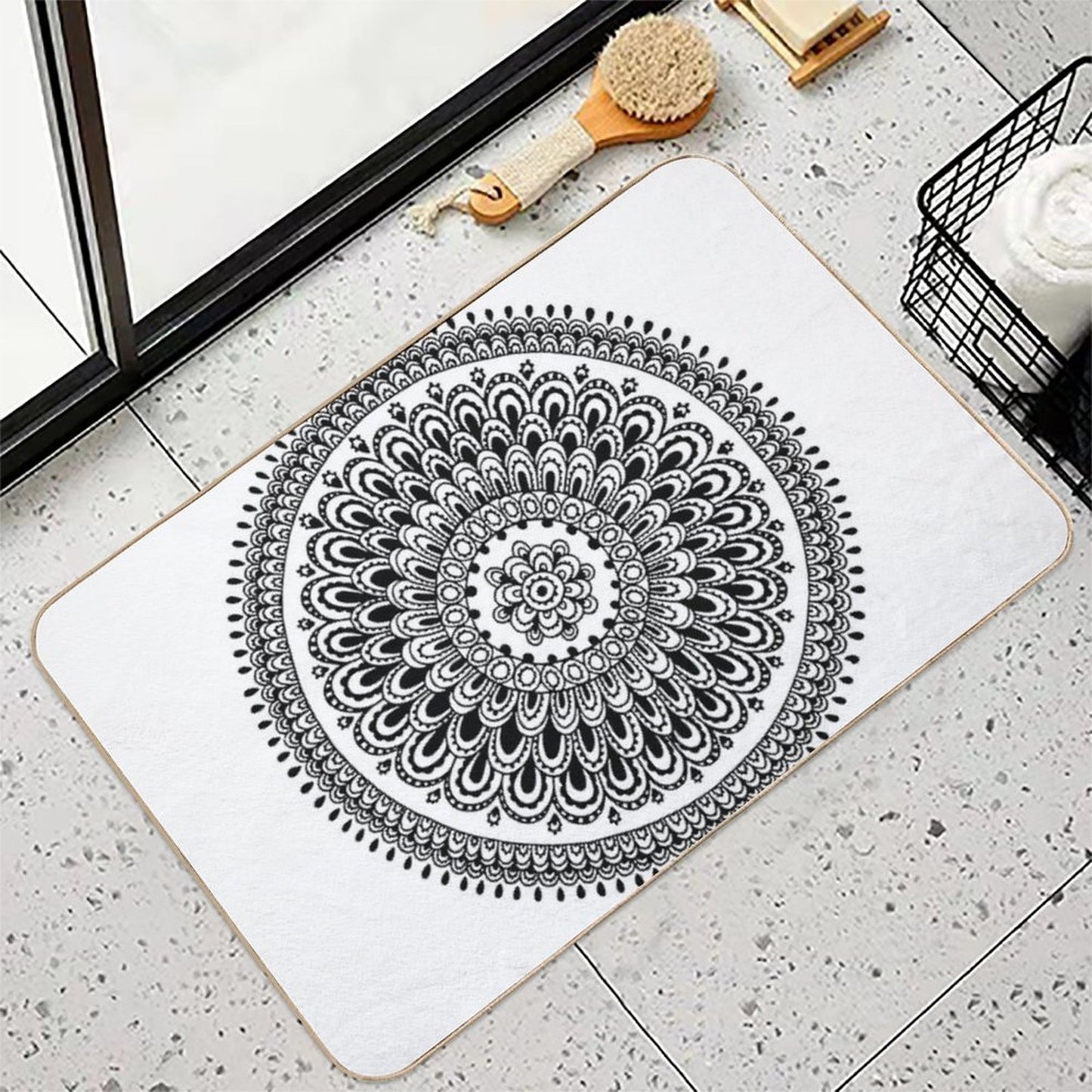 Mandala Black And White by Hayley Lauren Design Stain-Proof Bath Mat