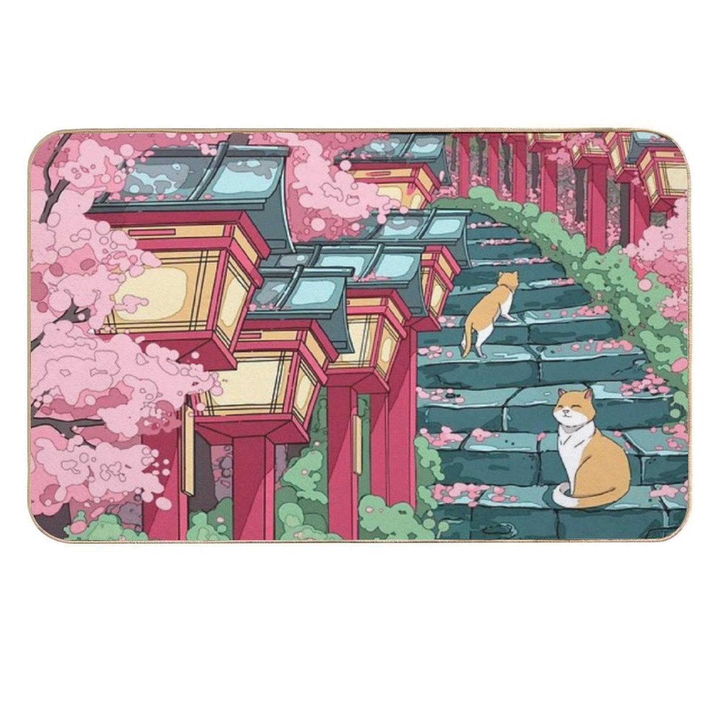 The Japanese Shrine, Cats And Pink Sakura Blossom Absorbent Bath Mat