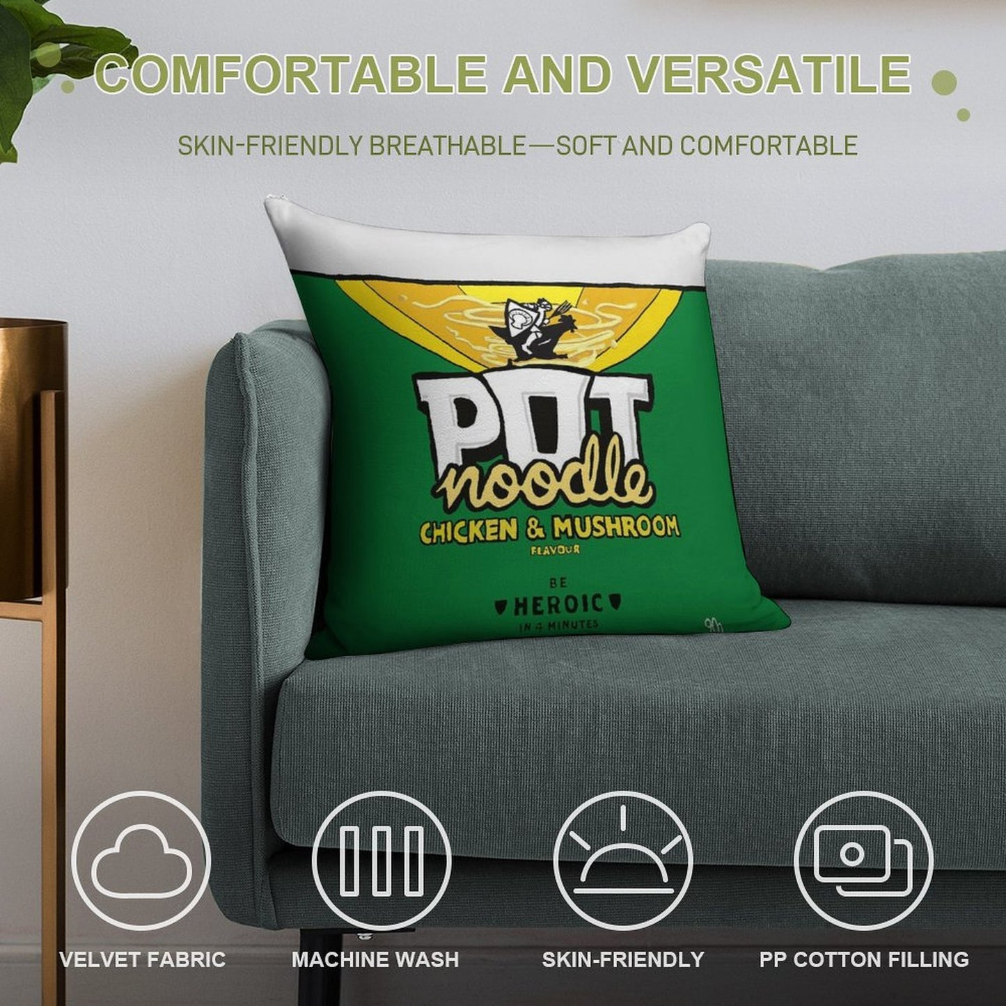 Pot Noodle Cushion Soft Hidden Zipper Throw Pillow