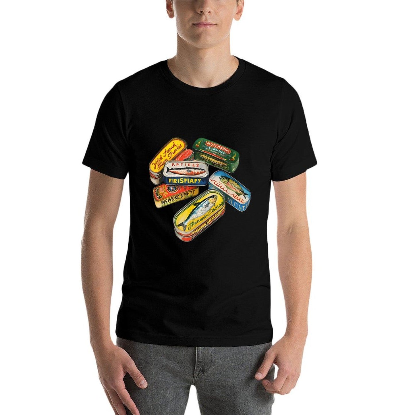 90s Sardine Tins Anchovy Canned Fish Unisex-Adult Black Small Sardine Tin Pattern Crew Neck Lightweight Straight Fit Slim-fit Cut T-Shirt