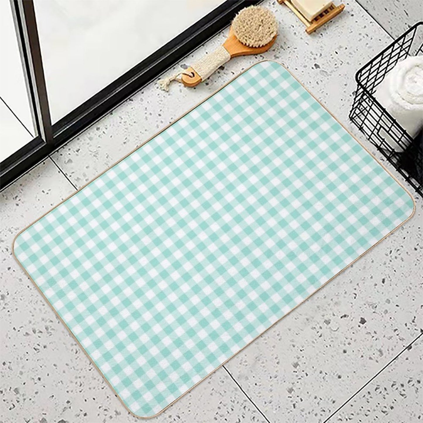 Aqua Gingham Checkered Pattern Design High-Traffic Bath Mat