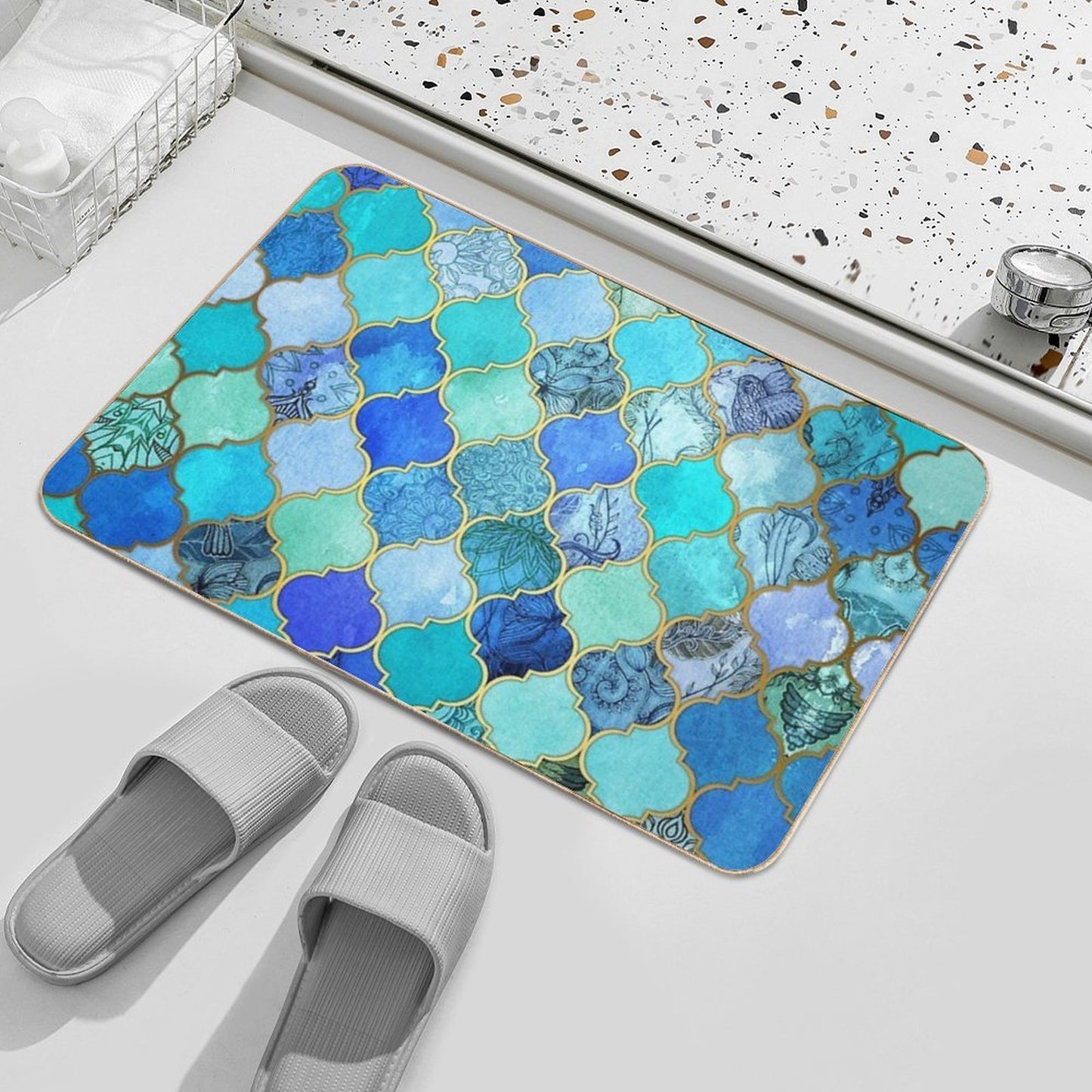 Cobalt Blue, Aqua & Gold Decorative Moroccan Tile Pattern Pet-Safe Bath Mat