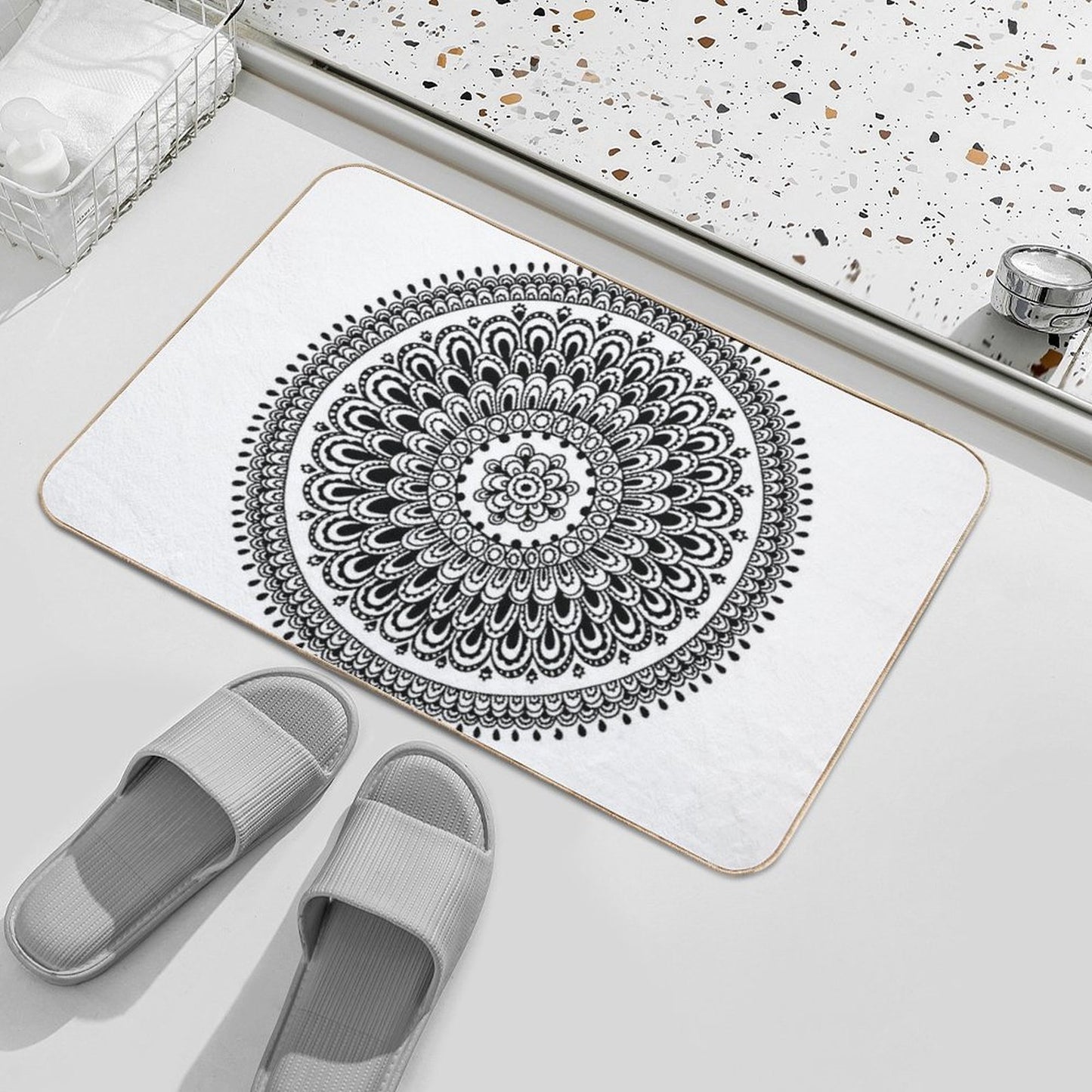 Mandala Black And White by Hayley Lauren Design Stain-Proof Bath Mat