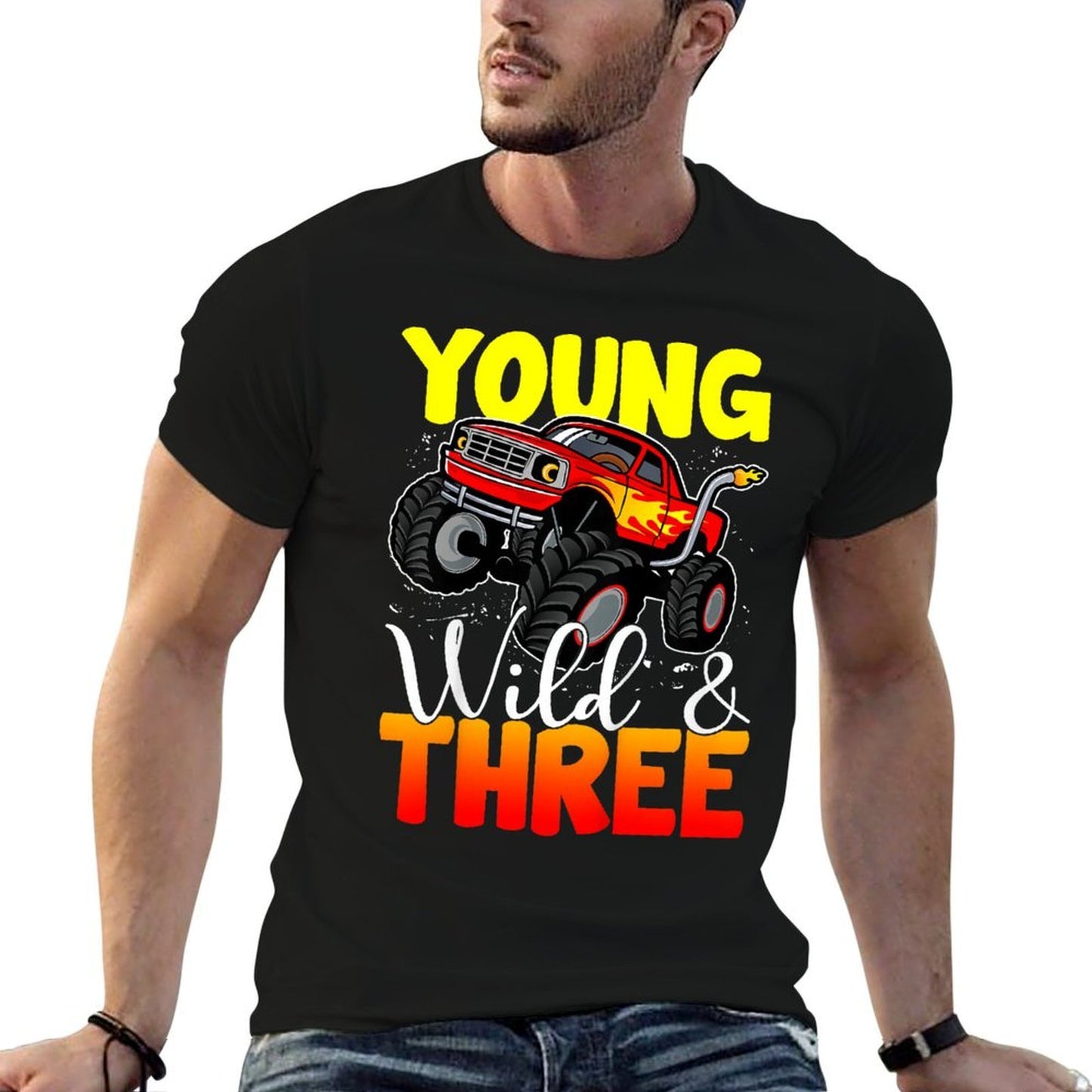 Kids Young Wild Three 3rd Birthday Boy Monster Truck 3 Years Old Ribbed Collar T-Shirt