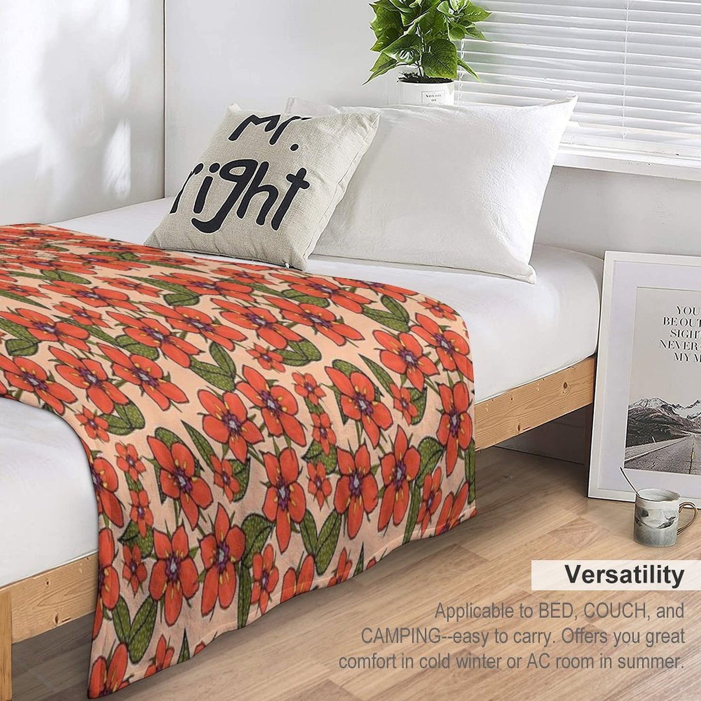 Scarlet Pimpernel Floral Design, Red And Purple Flowers with Green Leaves on A Peach Fuzz Background Easy Care Throw Blanket