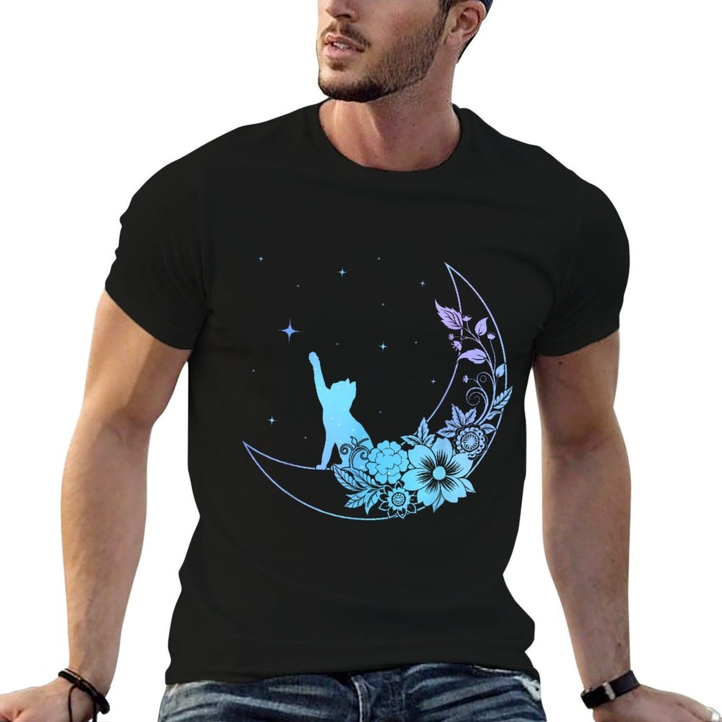 Cat Sitting On Crescent Moon Flowers Stars Women Girls Kids Durable T-Shirt