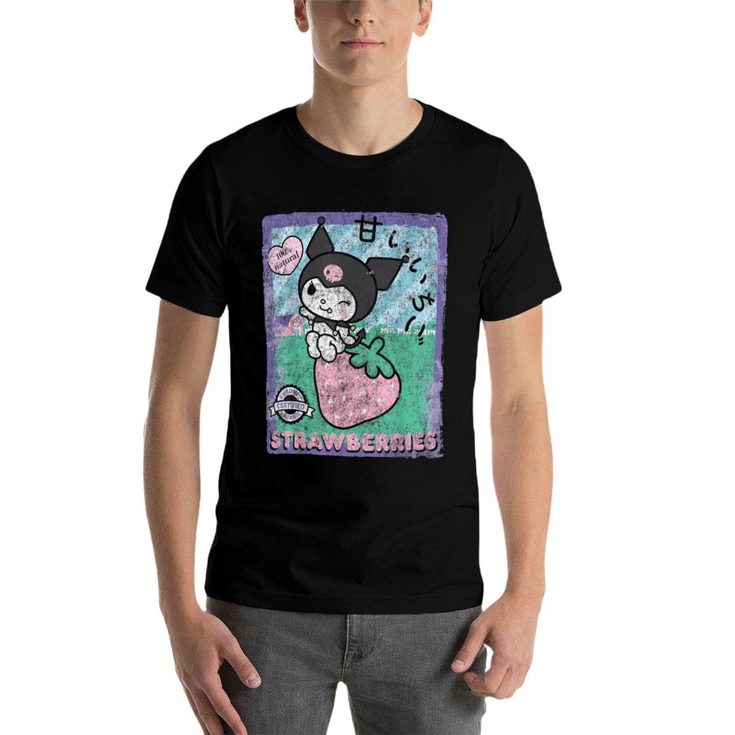 BONRI Kuromi Strawberry Picking Strawberries Farm Sleevetype Heathered Texture T-Shirt