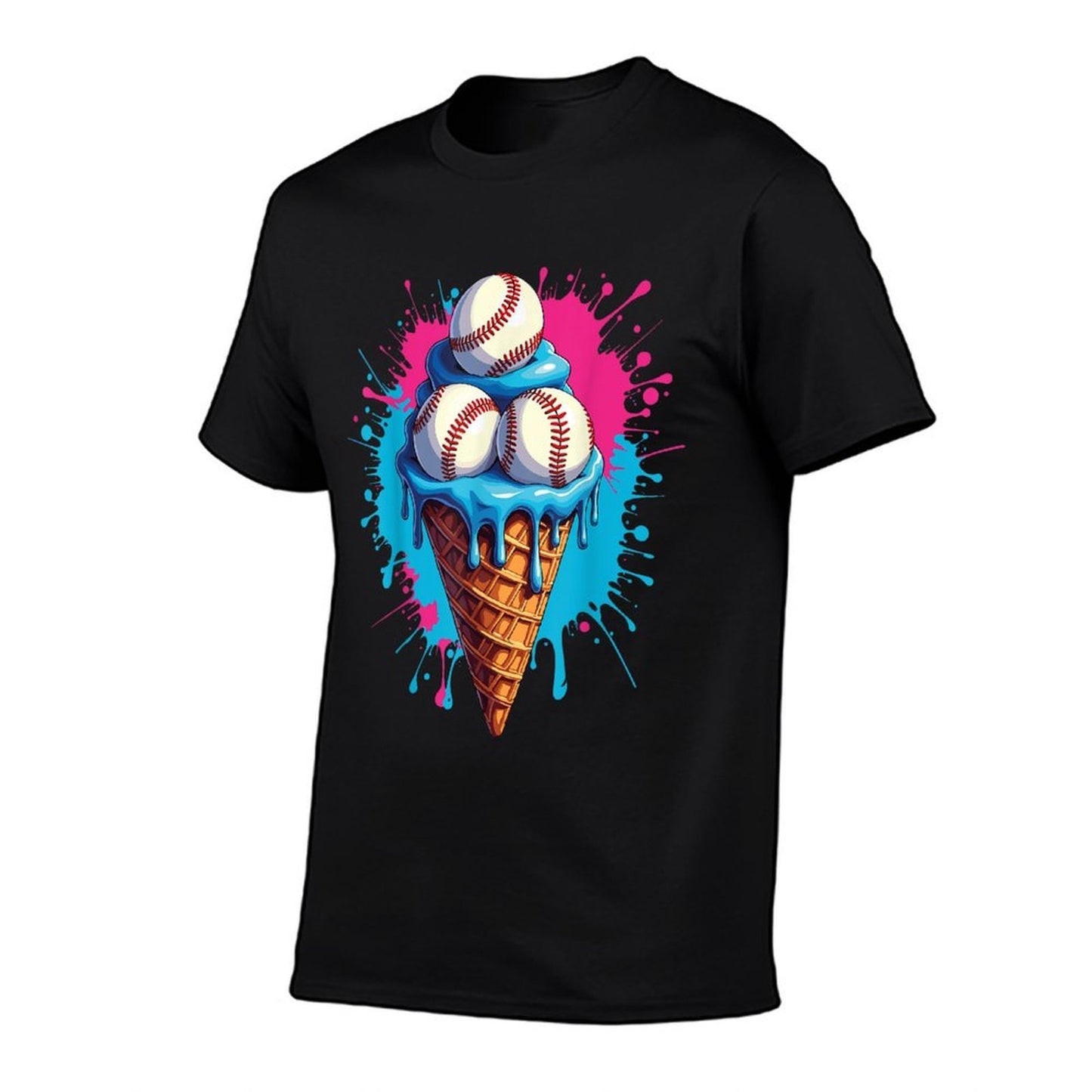 Baseball Ice Cream Funny Ice Cream Baseball Drip Watercolor Rolled Sleeves T-Shirt