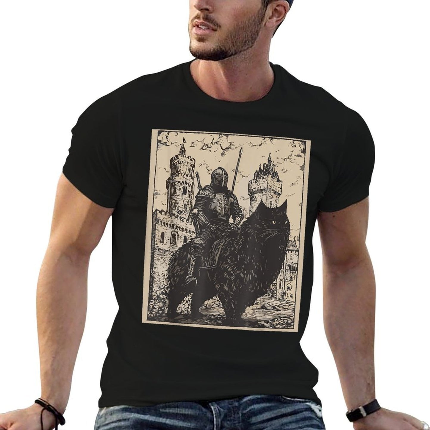 Knight Cat Rider Vintage 90s Medieval Knight Riding Cat Trendy Pattern T-Shirt