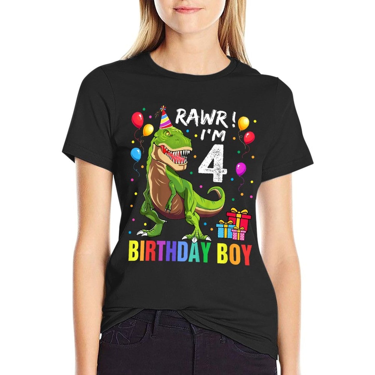 Kids 4 Year Old 4th Birthday Boy T Rex Dinosaur Cotton T-Shirt