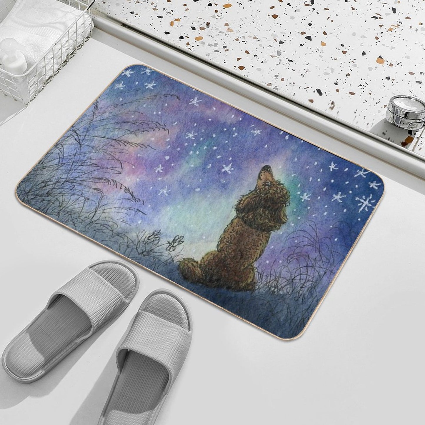 Poodle Dog Gazing at Starry Night Sky, Looking for Inspiration Multi-Purpose Bath Mat