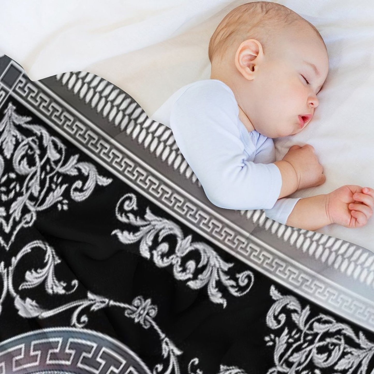 Ornate Baroque Metallic Blue Black Greek Meander All-season Throw Blanket