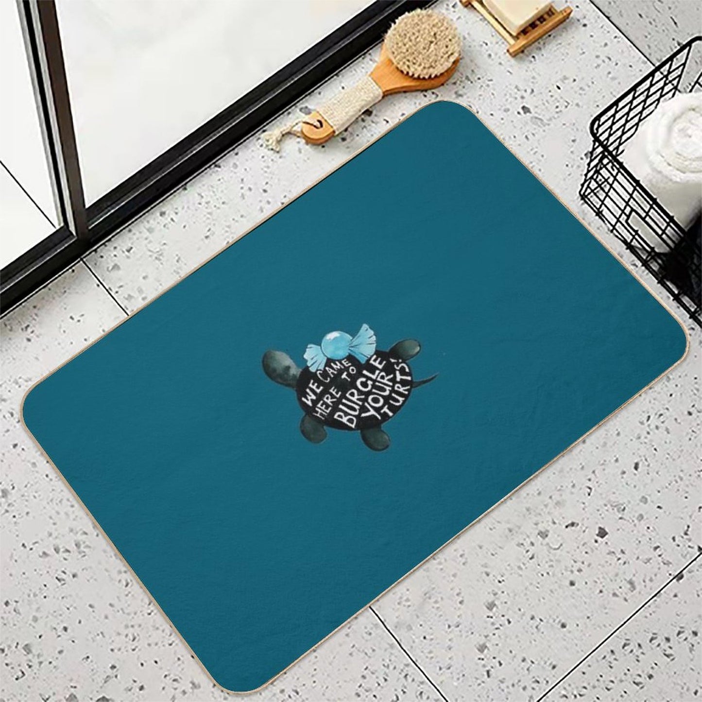 Black Turtle Burgles in Teal Durable Bath Mat