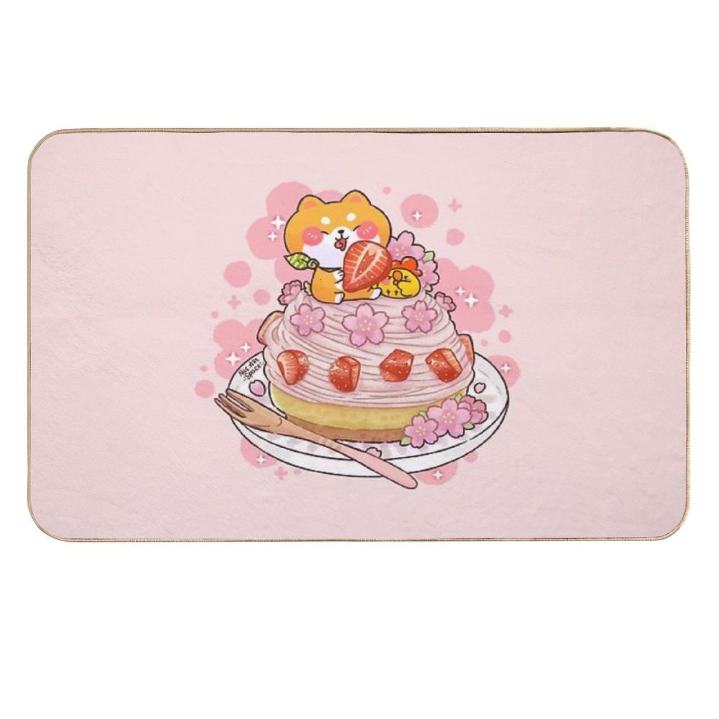 Cute Shiba Inu Sakura Mont Blanc Cake Fade-Resistant Bath Mat