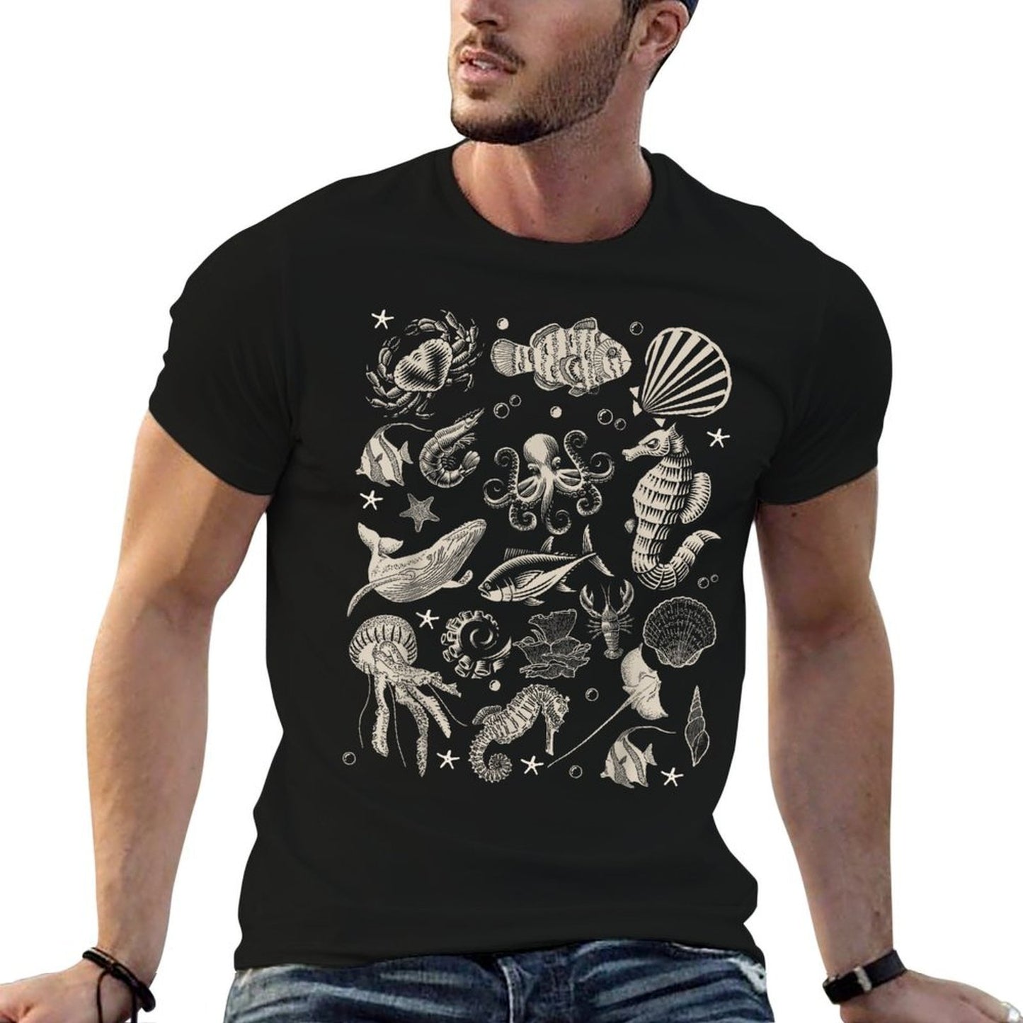 Vintage Ocean Wildlife Shark Turtle Octopus Stretchy T-Shirt
