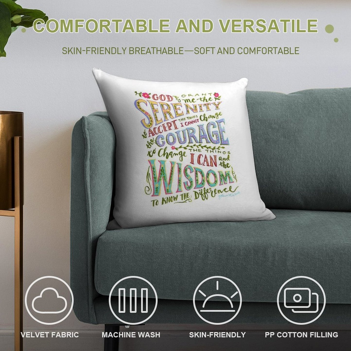Serenity Prayer Hand Lettered Soft Skin-Friendly Throw Pillow
