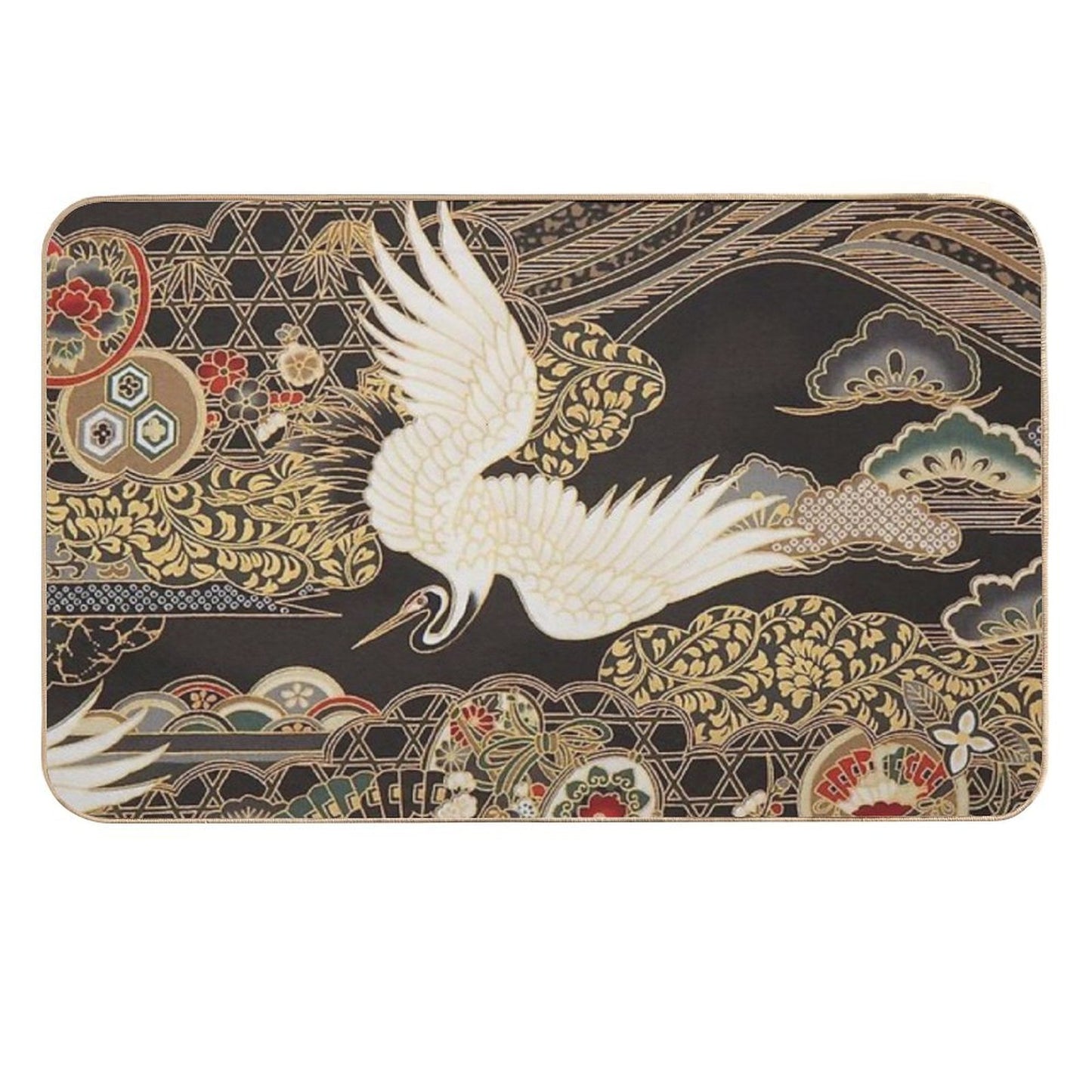 VintageJapanese Cranes Gold And Black Slip-Resistant Bath Mat