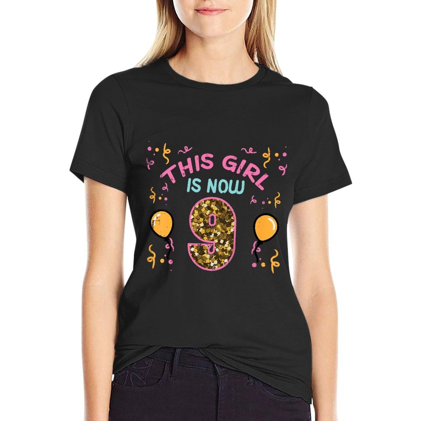Kids 9th Birthday This Girl Is Now 9 Nine Year Old Bday Girls Breathable T-Shirt
