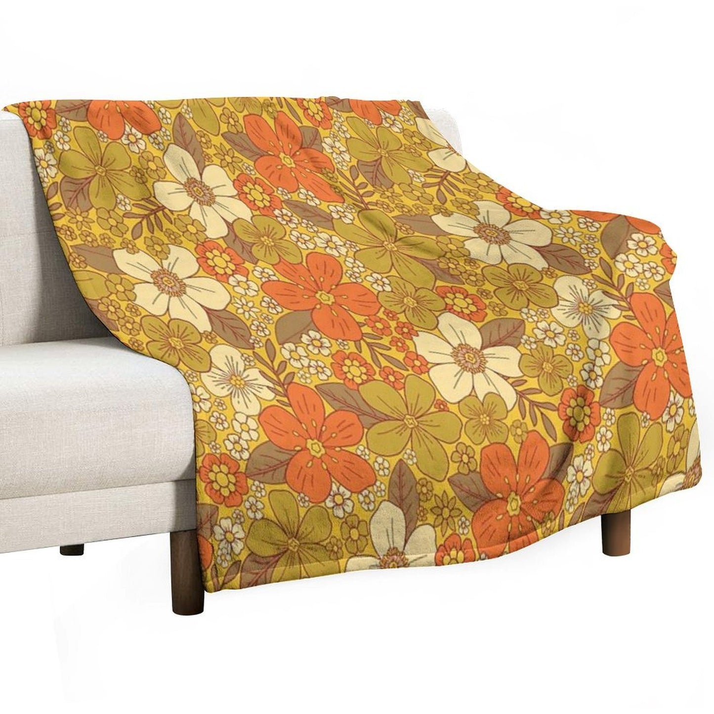 Retro 60s70s Orange & Olive Green Floral Easy Care Throw Blanket