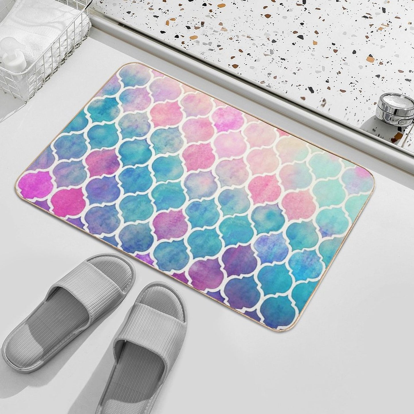 Rainbow Pastel Watercolor Moroccan Pattern Long-Lasting Bath Mat
