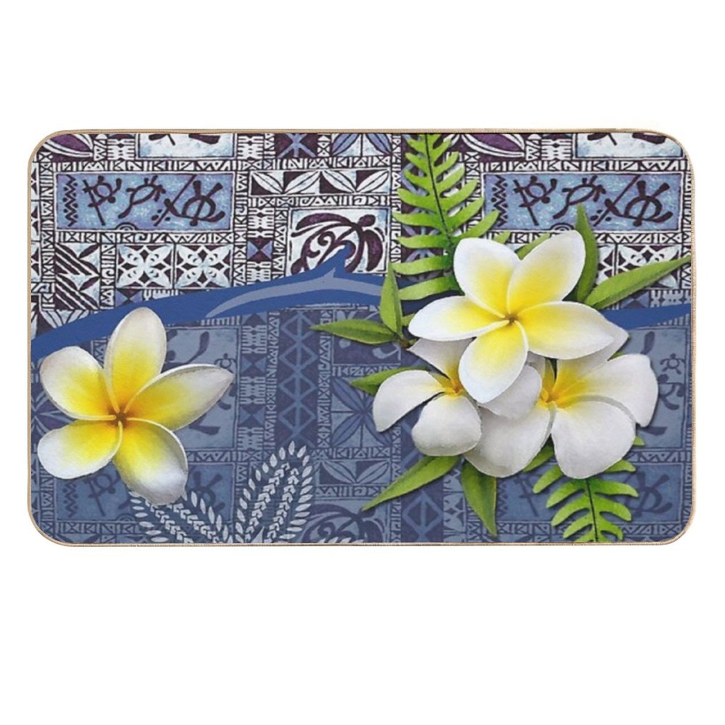 Blue Hawaiian Tapa And Plumeria High-Traffic Bath Mat