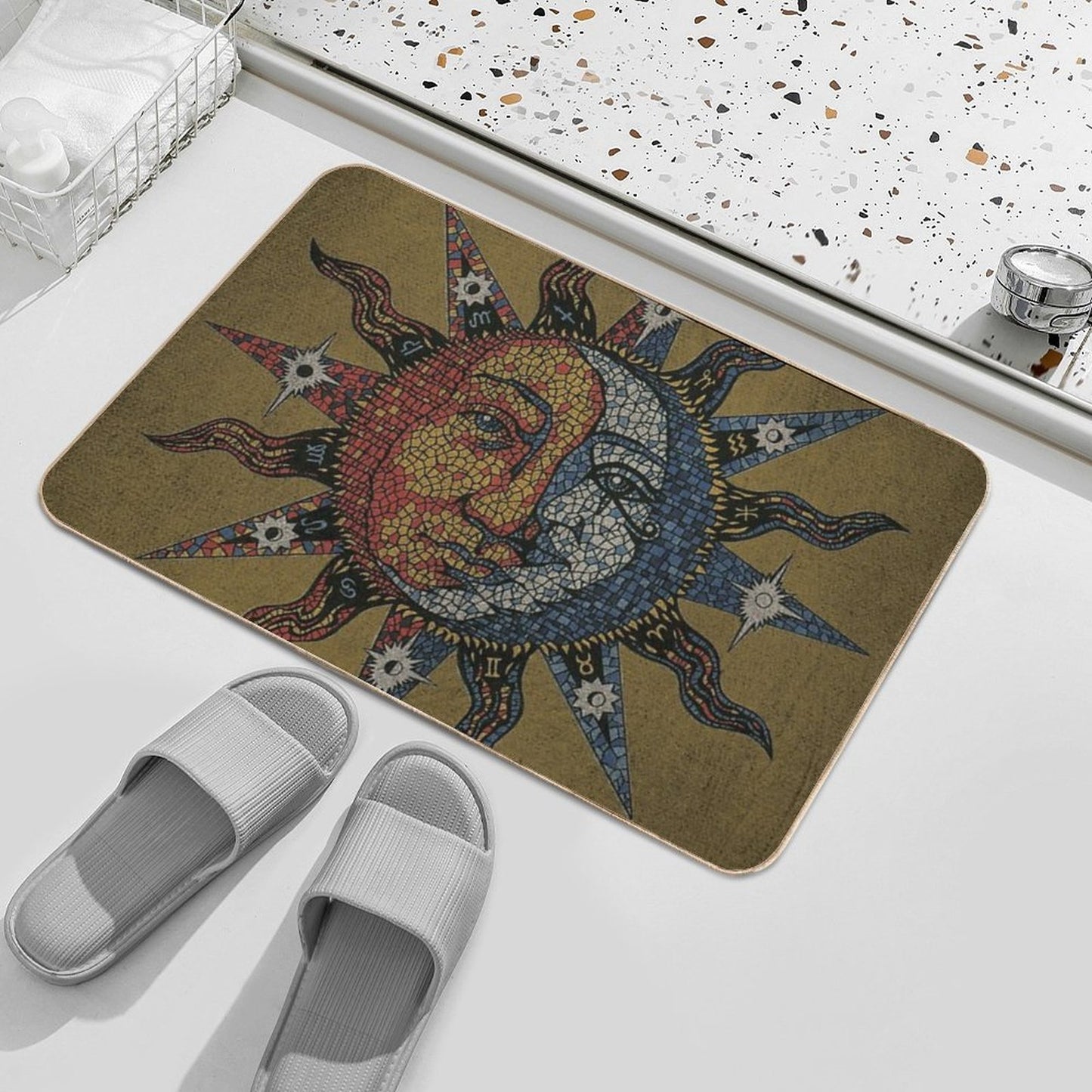 Vintage Celestial Mosaic Sun & Moon Pet-Safe Bath Mat