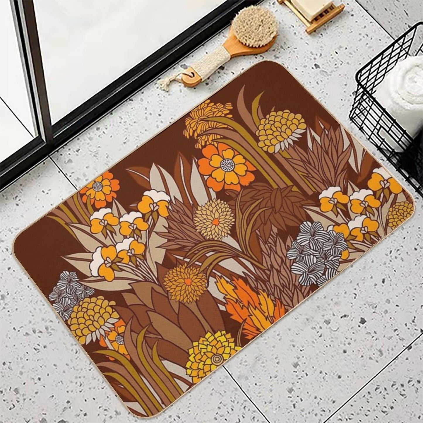 70s Retro Floral Garden, Hippie, Boho Repositionable Bath Mat