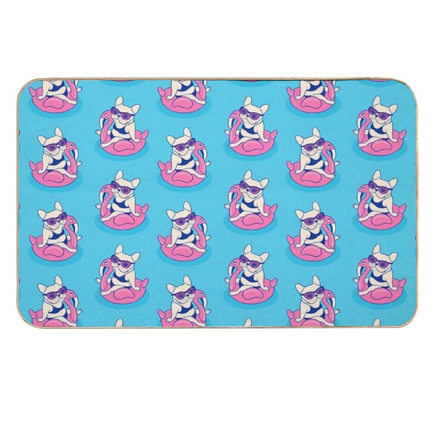 Frenchie Enjoys Summer on Flamingo Pool Float in Swimming Pool Dirt-Trapping Bath Mat