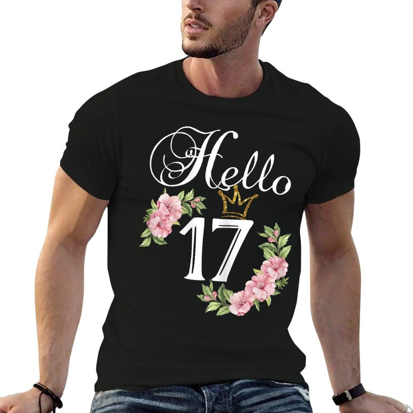 Womens Hello 17 with Flowers & Crown 17th Birthday Quick-drying T-Shirt