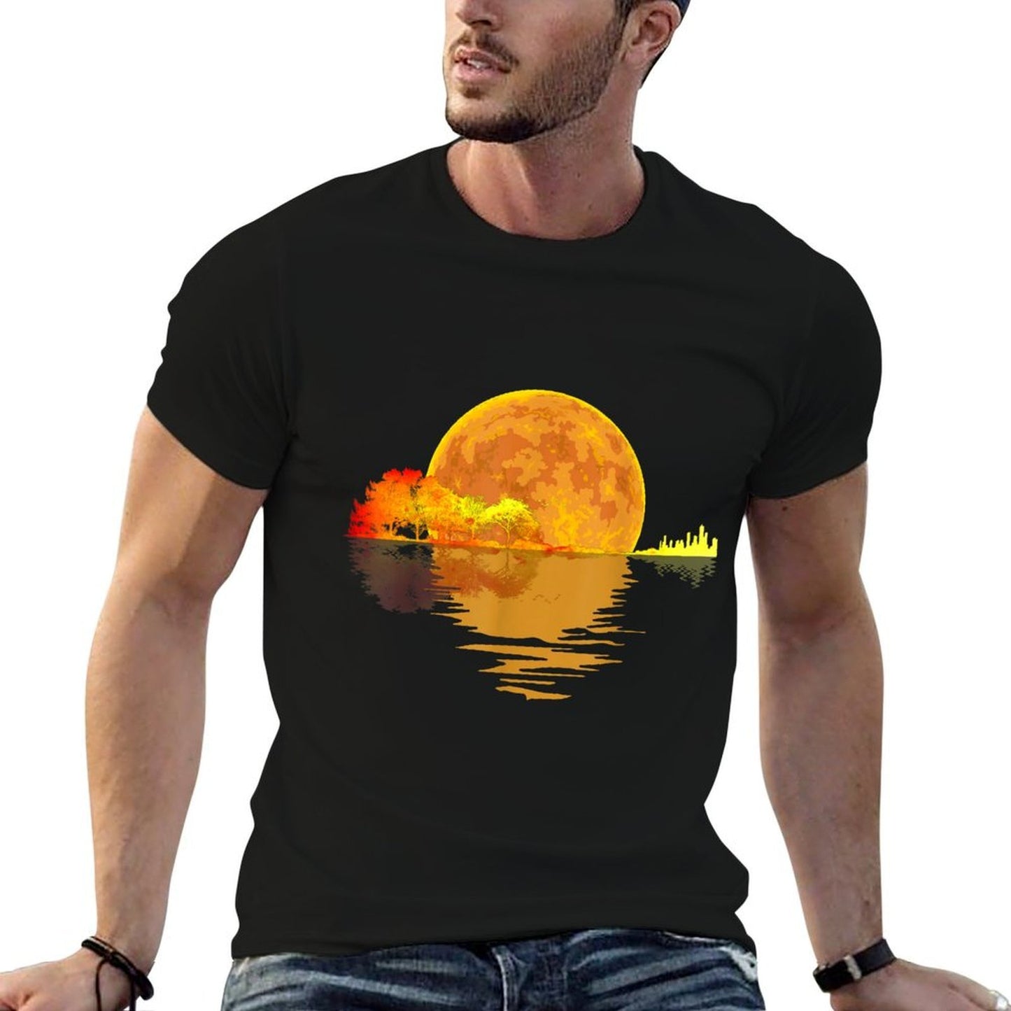 Acoustic Guitar Moon Lake Shadow Music Lover Guitarist Polyester Blend T-Shirt