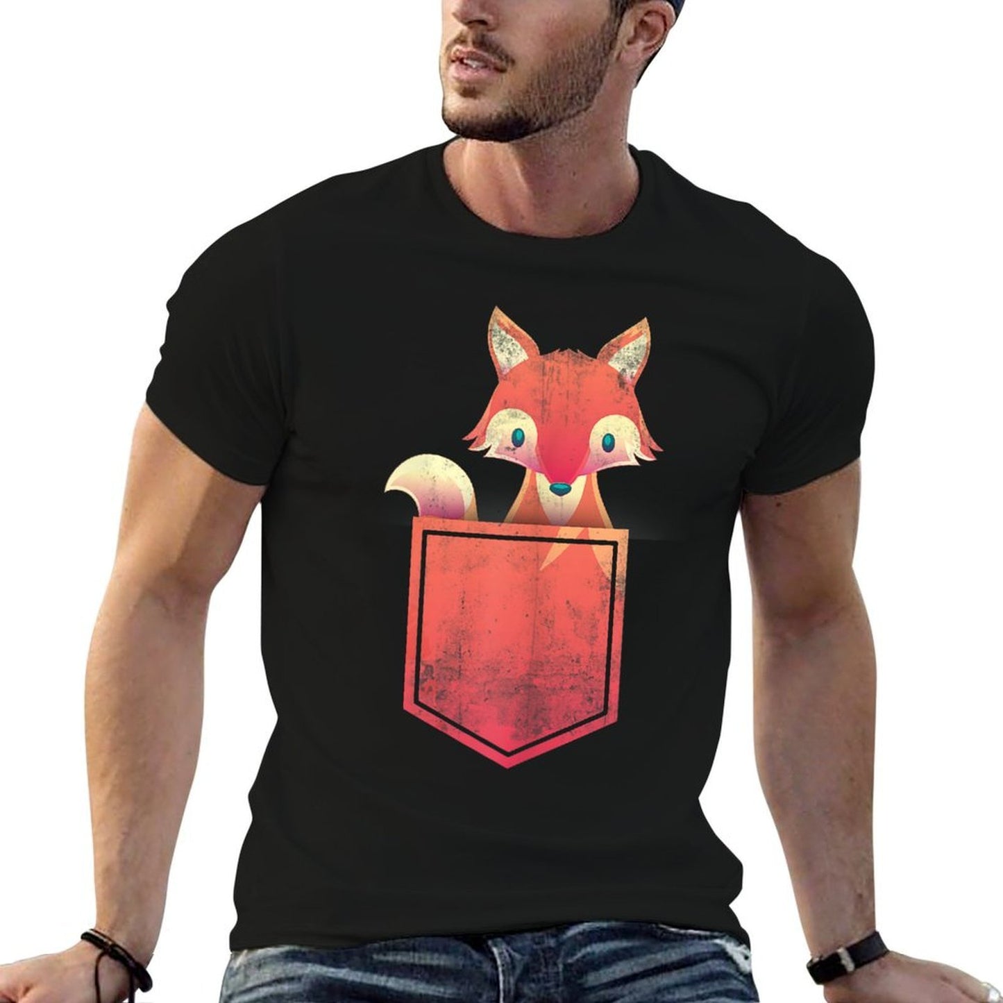 Cute Pocket Forest Animal Lover Kids Gift Wildlife Fox Ribbed Collar T-Shirt