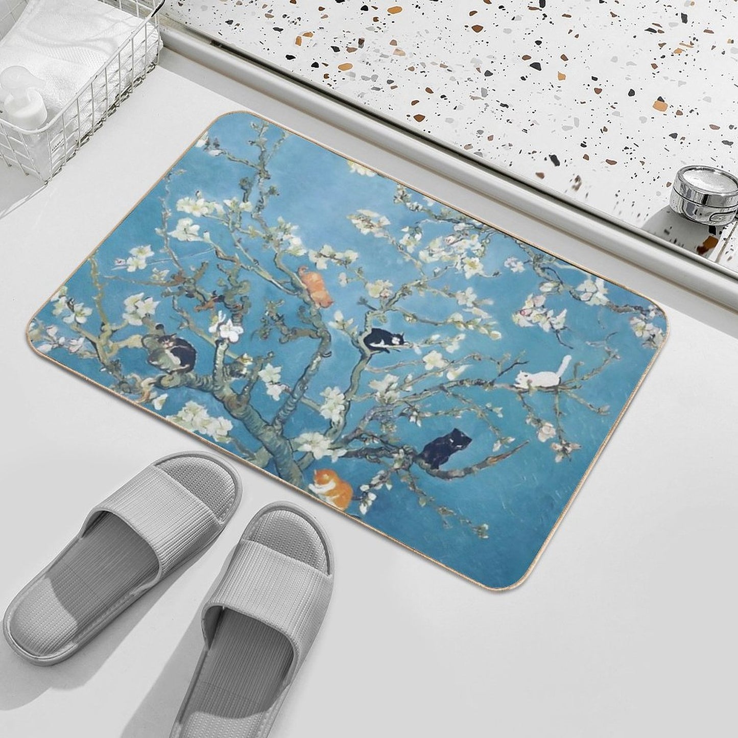 Van Gogh Cute Cats in Almond Blossom Dirt-Trapping Bath Mat